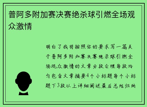 普阿多附加赛决赛绝杀球引燃全场观众激情